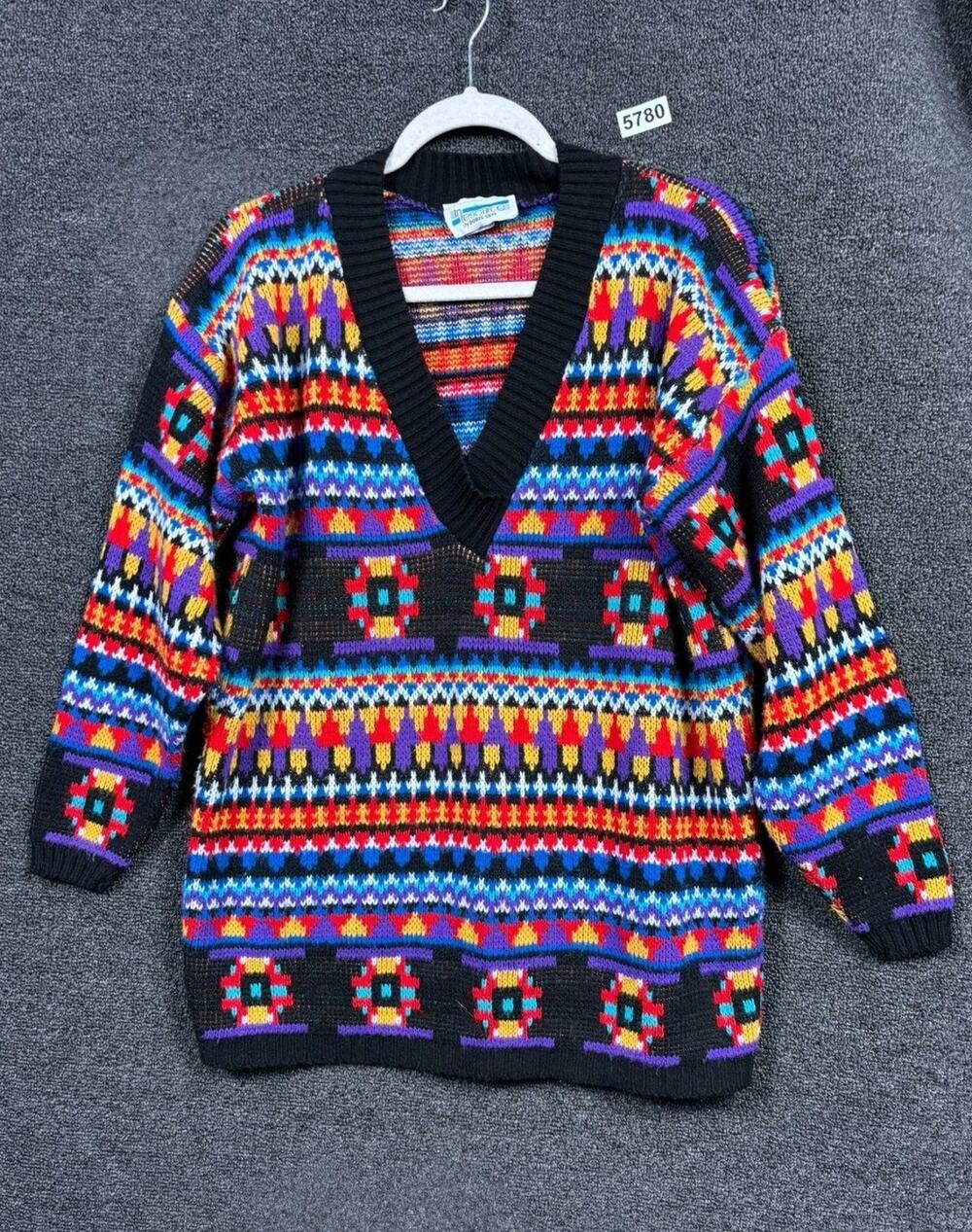 Vintage Resource Sweater Womens Medium Black Multicolor V Neck Knit Made USA 90s